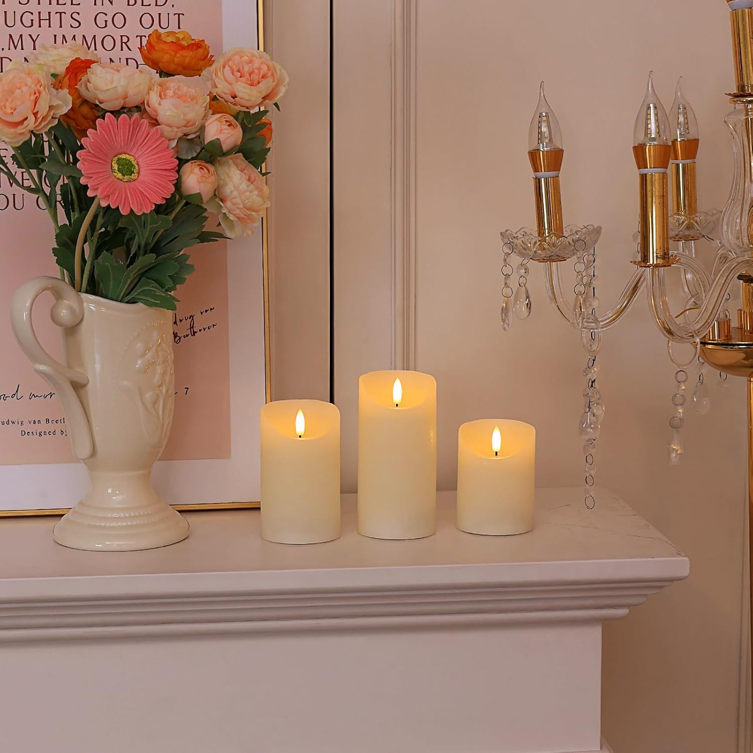 Flickering Flameless Candles With Remote, Real Wax Battery Operated Led Fake Candles With Timer For Valentines Wedding Holiday Party Home Decor, Set Of 3