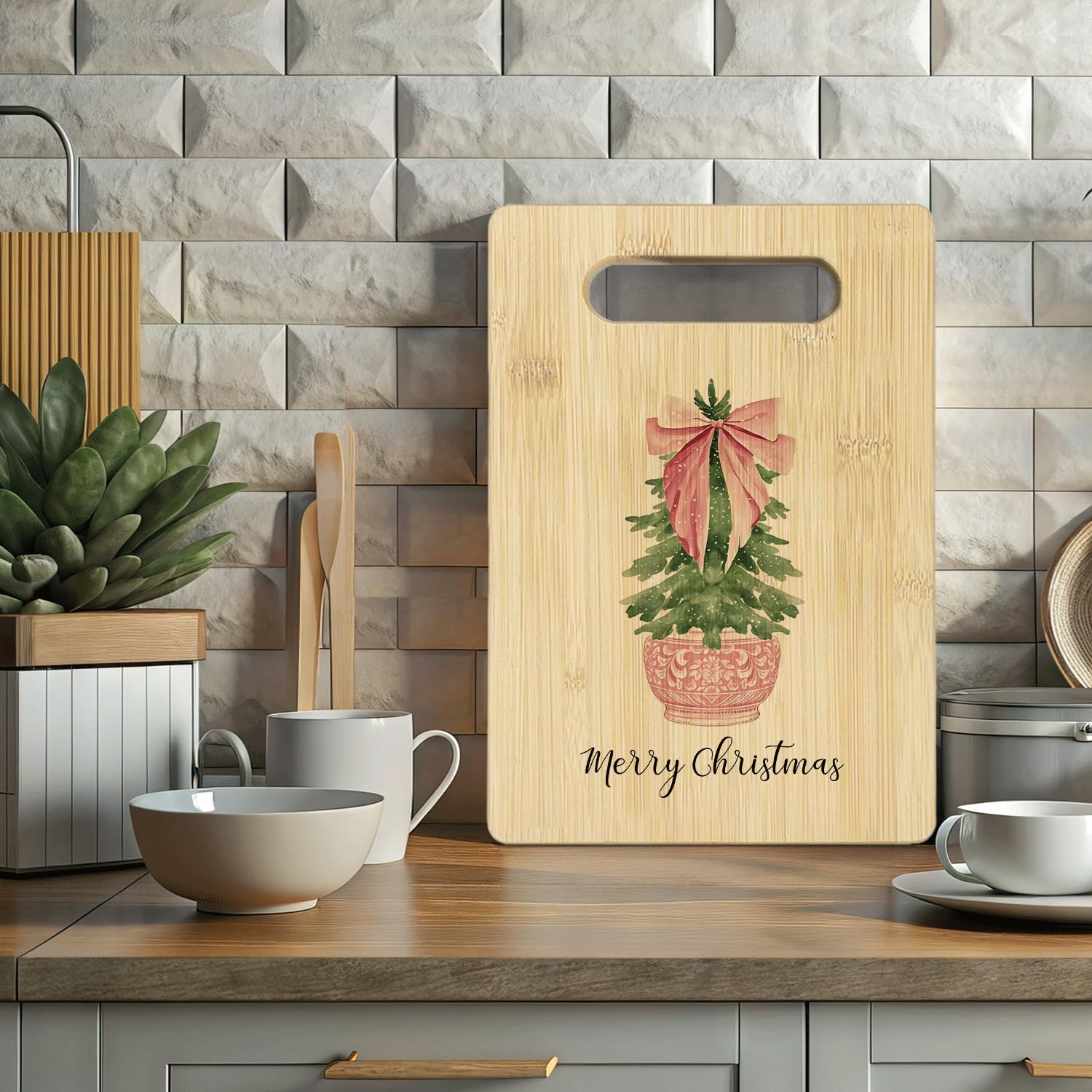 Pink Chinoiserie Merry Christmas Cutting Board, Grandmillennial Christmas Kitchen Decor, Preppy Pink Bow Coquette Xmas Tree Bamboo Cutting Board For Kitchen