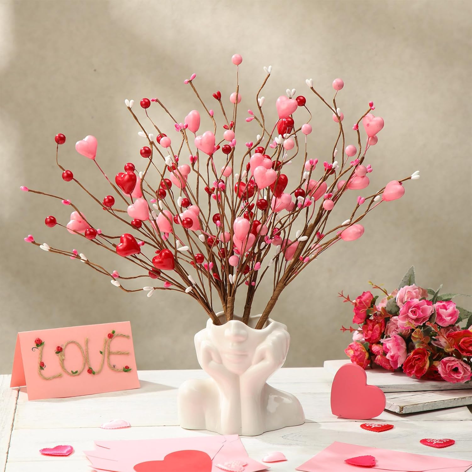 12 Pcs Valentine Floral Picks Pink Artificial Berry Stems Heart Shaped Branch Heart Sprays Picks Flowers For Valentine Mother'S Day Christmas, Wedding, Propose Home Decor