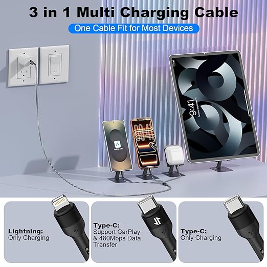 2 Pack 4FT 3 in 1 Multi Charging Cable Braided USB C Lightning Charger for iPhone