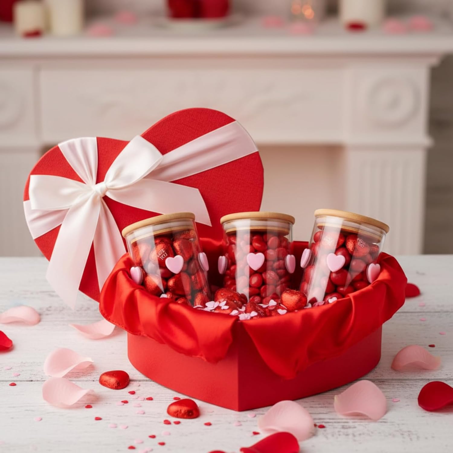 3 Pcs Valentine'S Day Icon Glass Storage Jars With Airtight Bamboo Lid Pink Heart Icon Valentine'S Day Glass Jars Canister Sets For Home Kitchen Countertop Decoration