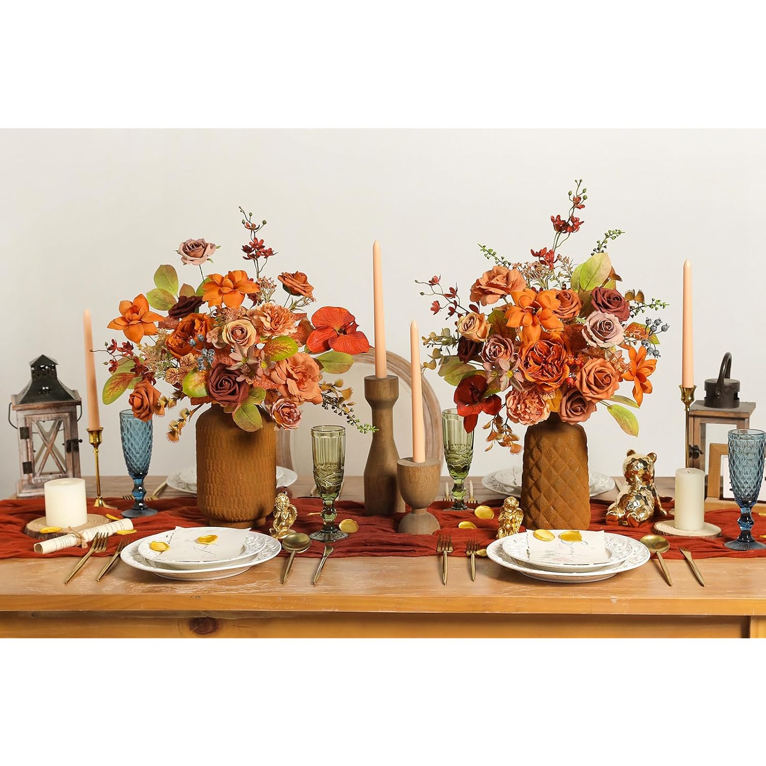 Burnt Orange Artificial Flowers Set - Fake Roses, Peonies, Silk Flowers With Stems For Diy Wedding Bouquets,Floral Arrangement,Table Centerpieces,Baby Shower, Home Decor