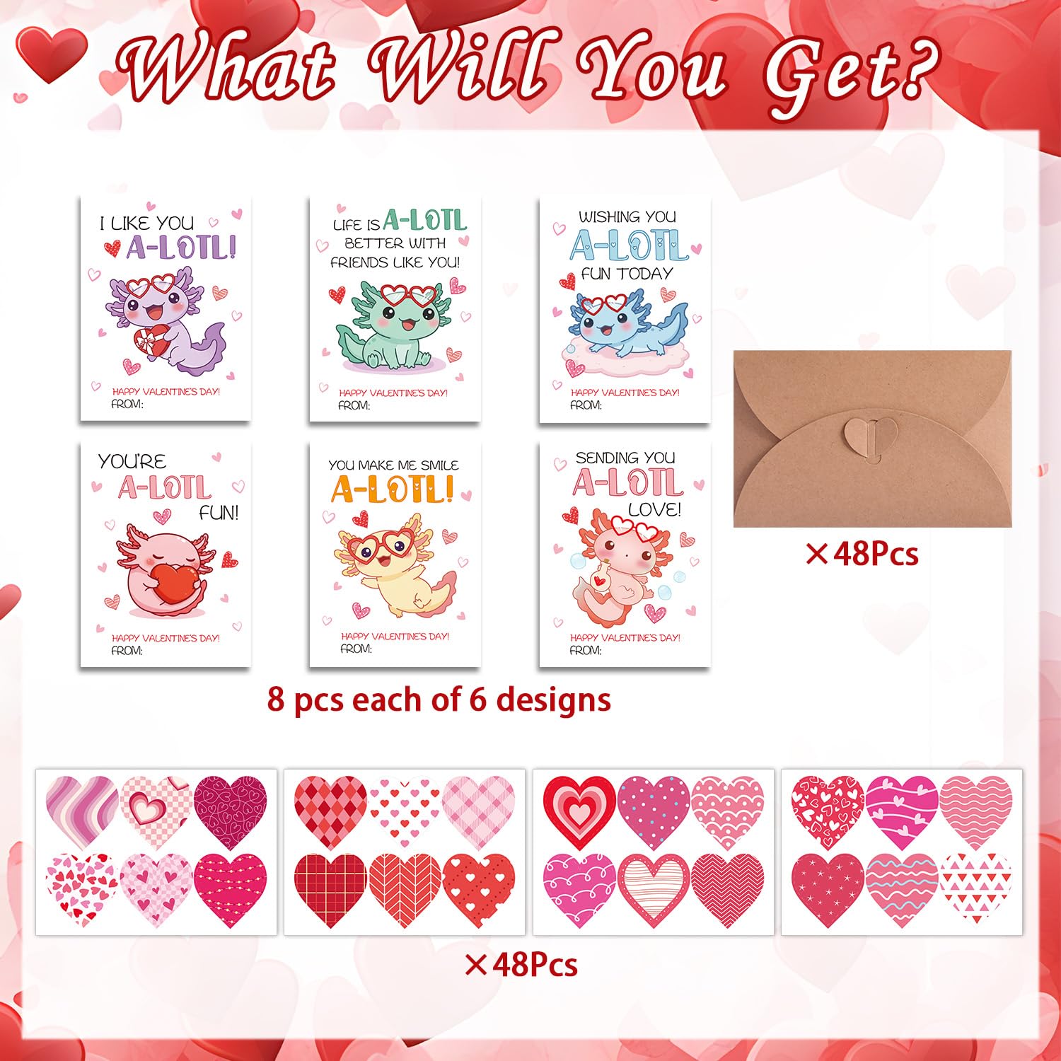 Valentines Cards For Kids Classroom, 48 Pack Axolotl Valentine'S Day Cards For Kids School, Cute Axolotl Valentine Exchange Card Bulk With Envelopes Stickers Gifts For Girls Boys