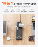2 Prong Power Strip 10 Outlets 4 USB Ports 1700J 6FT Flat Plug Black