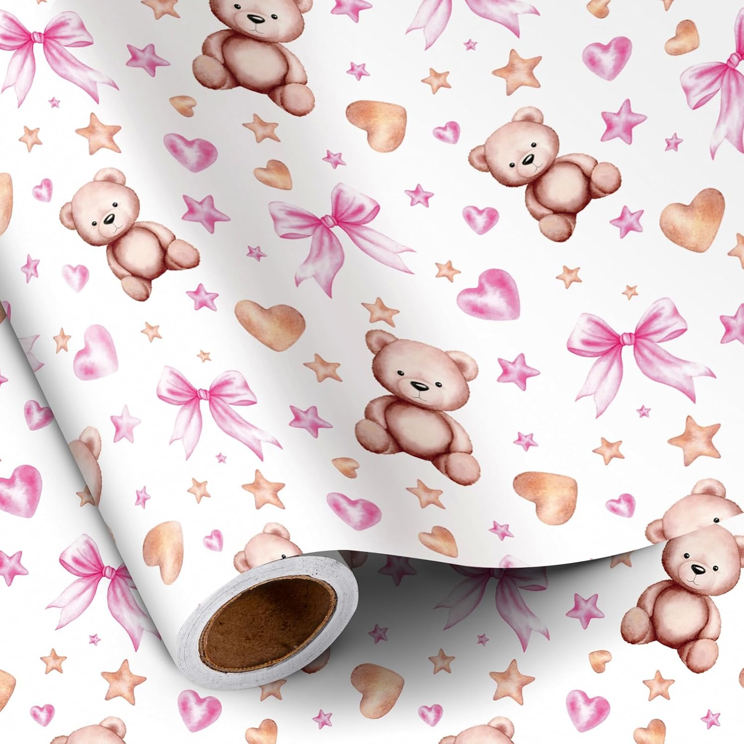 Bear Bow Wrapping Paper Roll For Baby Girl, Mini Roll, Pink Bear With Heart, Bow And Star Gift Wrap Paper For Baby Shower, Birthday And Special Occasions, 17 Inches X 16.4 Feet