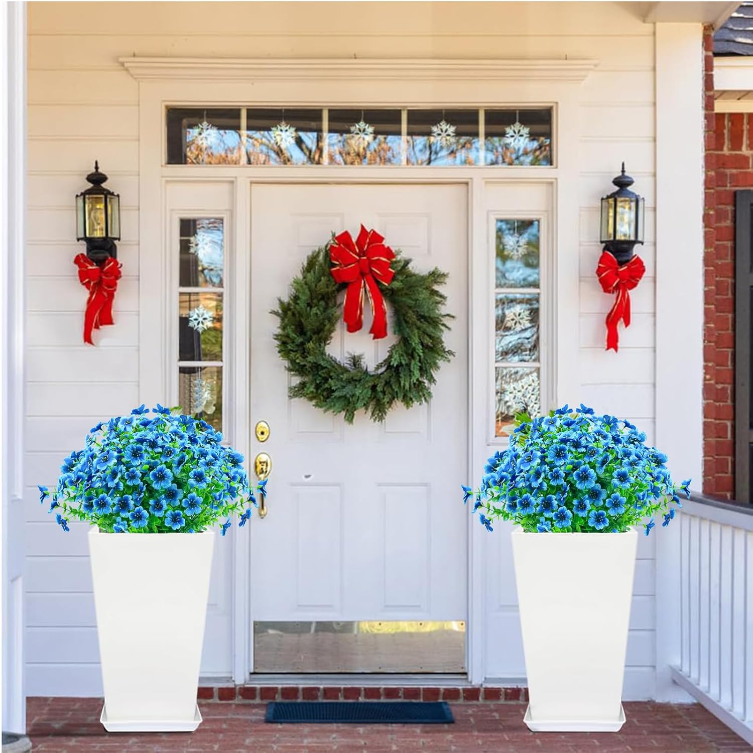 8 Bundles Outdoor Artificial Flowers,Uv Resistant Fake Flowers Outdoor Plastic Plants Faux Silk Flower For Outside Indoor Decoration(Blue)