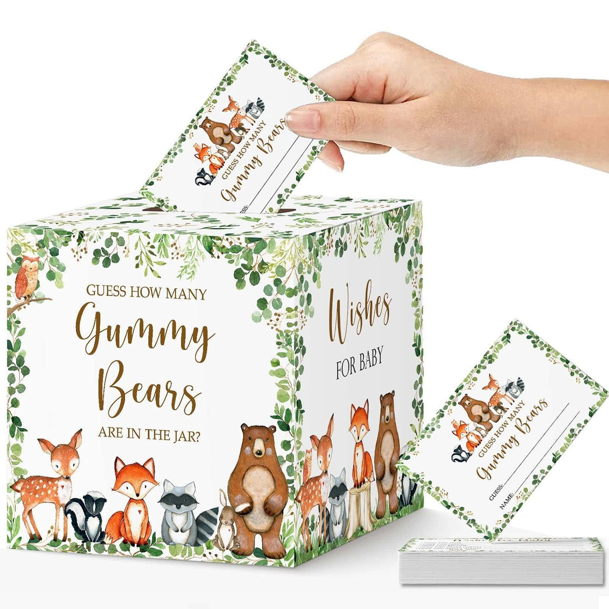 Guess How Many Gummy Bears Guessing Game, Woodland Forest Baby Shower Game Box And Wishes For Baby Cards, Gender Neutral Shower
