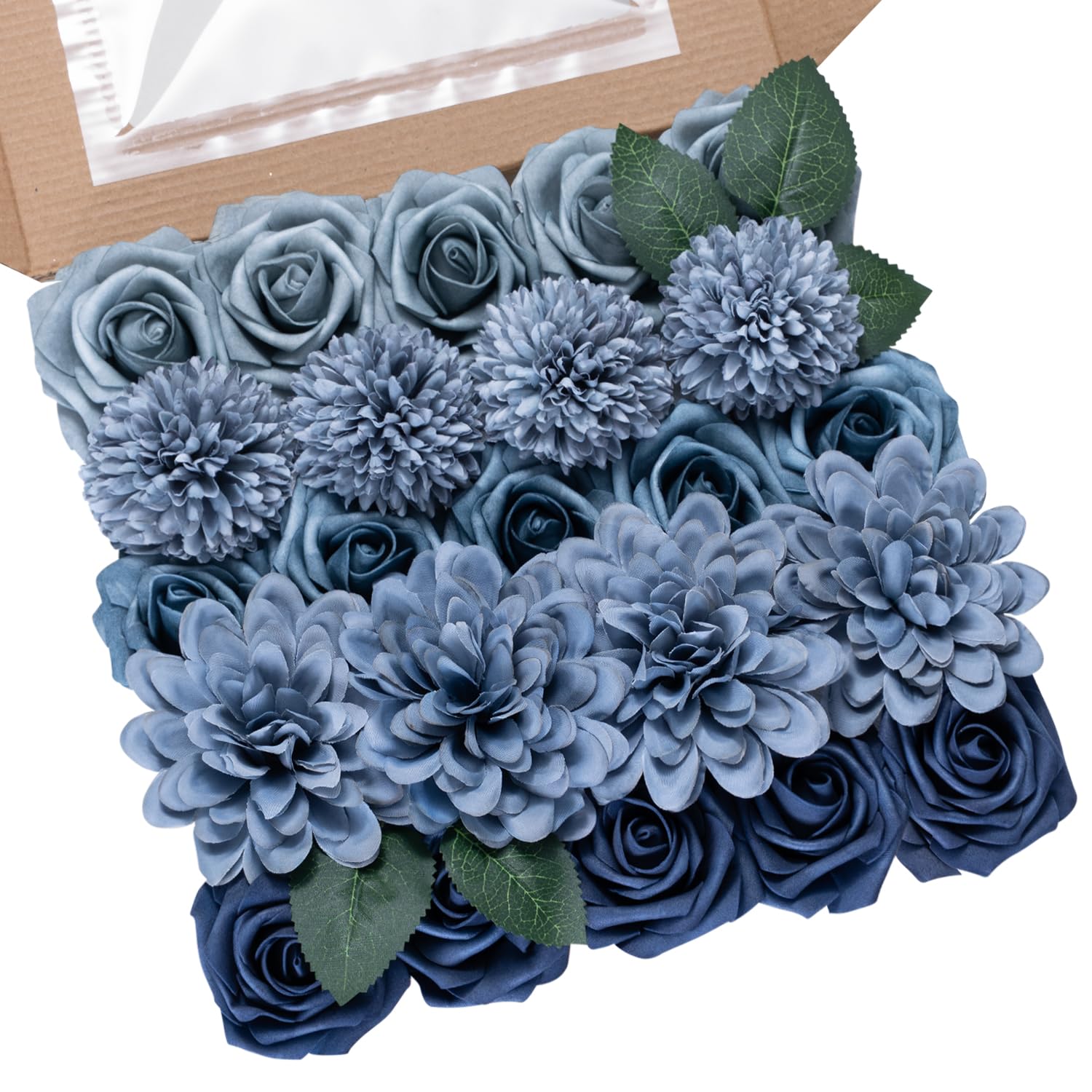 Dusty Blue Flower Artificial Roses Faux Flowers With Stems Mix Fake Roses Dahlia Chrysanthemum Ball For Wedding Bridal Bouquets, Table Centerpieces, Baby Shower, Party, Home Decorations