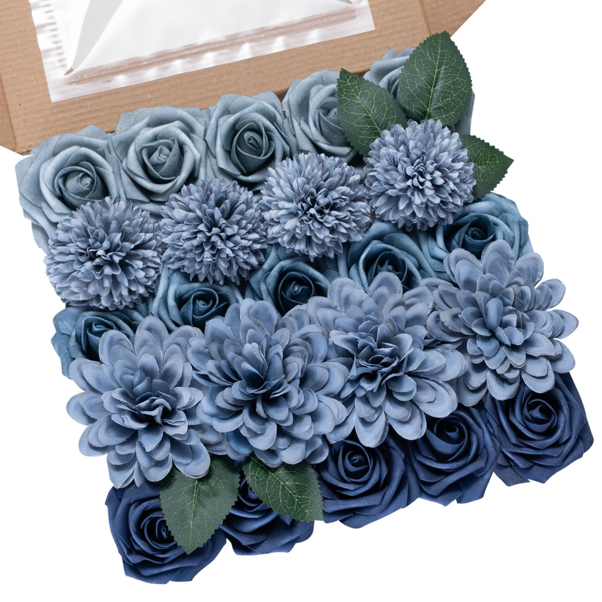 Dusty Blue Flower Artificial Roses Faux Flowers With Stems Mix Fake Roses Dahlia Chrysanthemum Ball For Wedding Bridal Bouquets, Table Centerpieces, Baby Shower, Party, Home Decorations