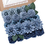 Dusty Blue Flower Artificial Roses Faux Flowers With Stems Mix Fake Roses Dahlia Chrysanthemum Ball For Wedding Bridal Bouquets, Table Centerpieces, Baby Shower, Party, Home Decorations