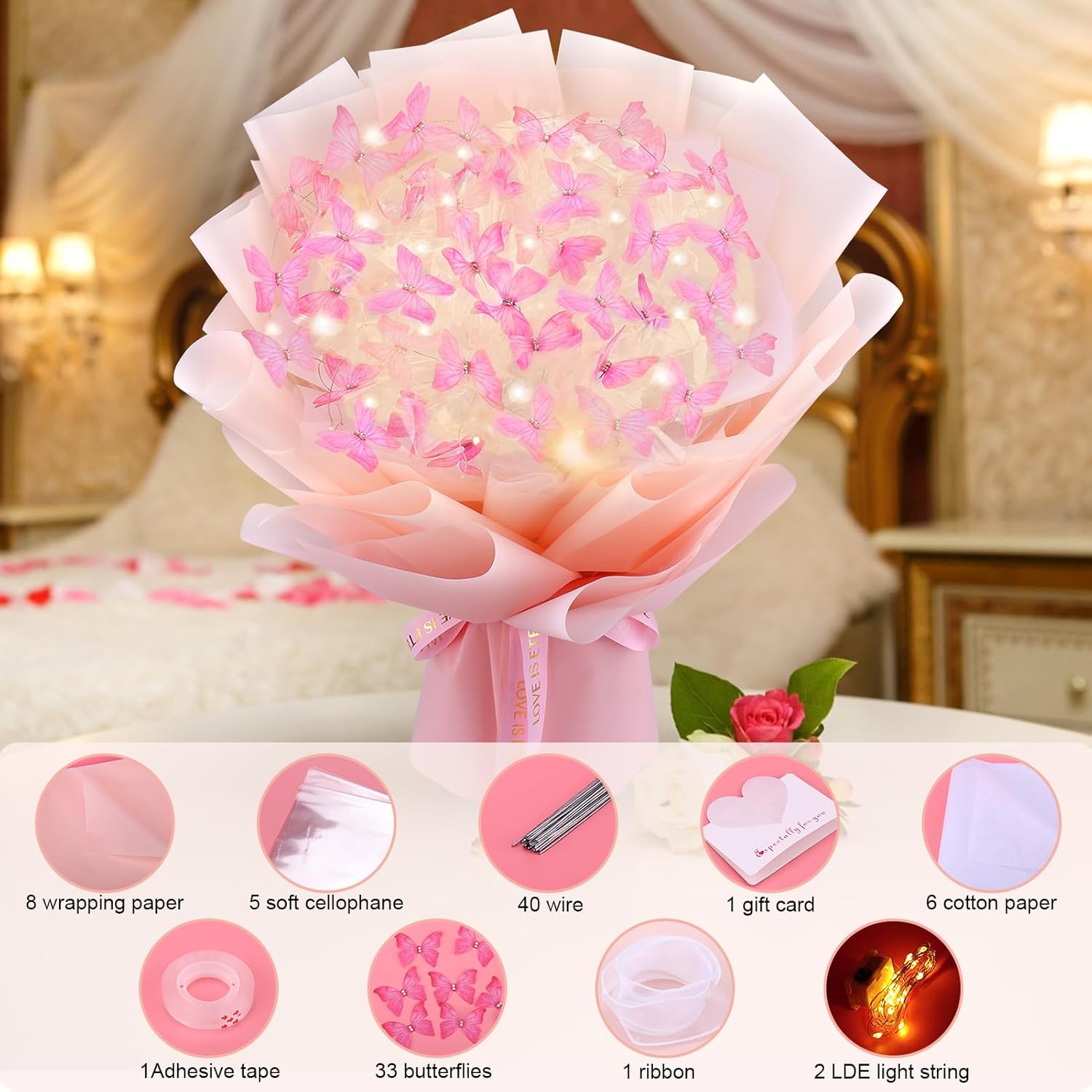 Diy Artificial Flower Bouquets, Butterfly Bouquet Kit Gift For Valentine'S Day Mother'S Day Wedding Birthday