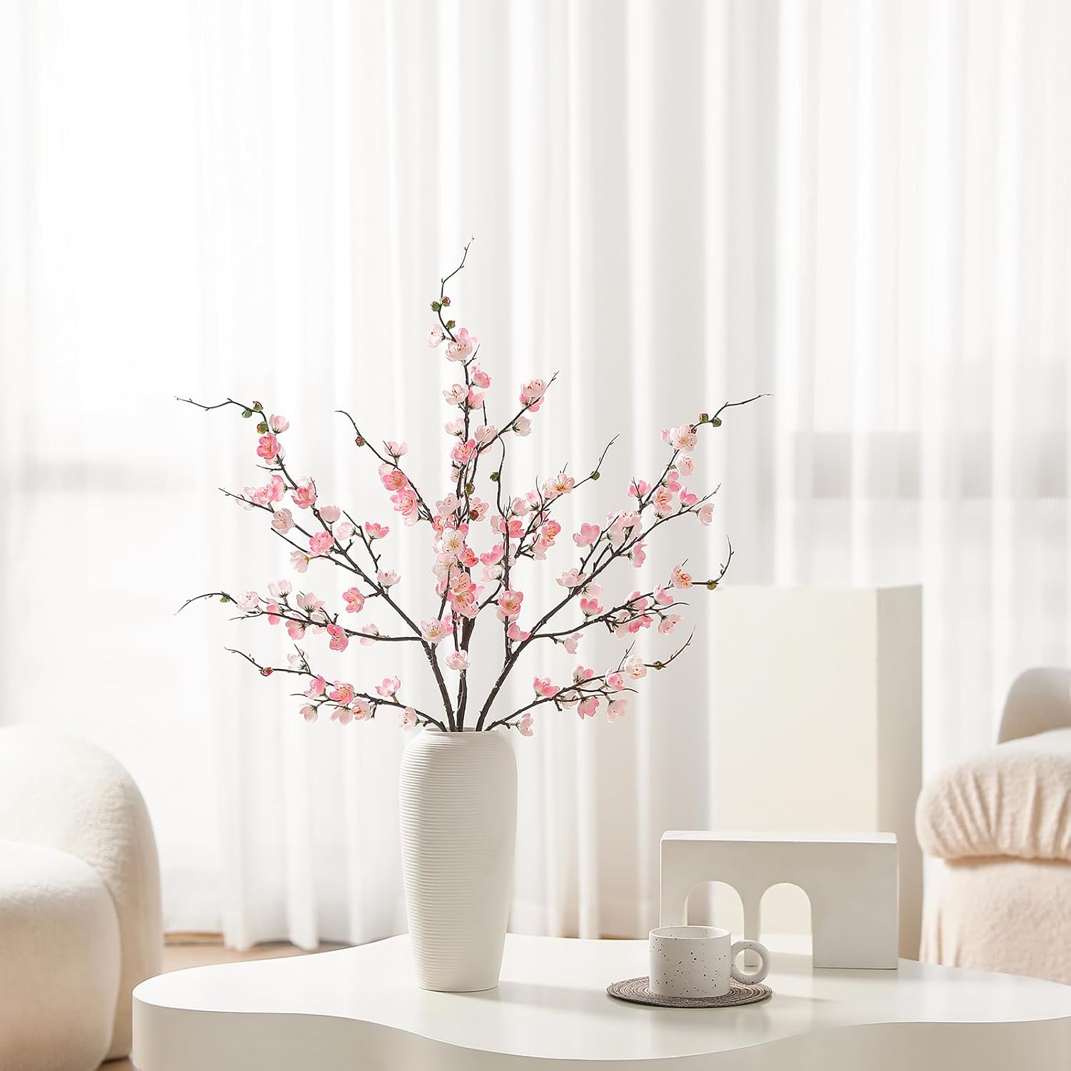 Artificial Pink Cherry Blossom Branches 3Pcs 37.8" Faux Silk Cherry Blossom, Fake Flowers With Leaves Bouquet Decorations For Home Living Room Bedroom Table Centerpiece Vase Wedding Decor