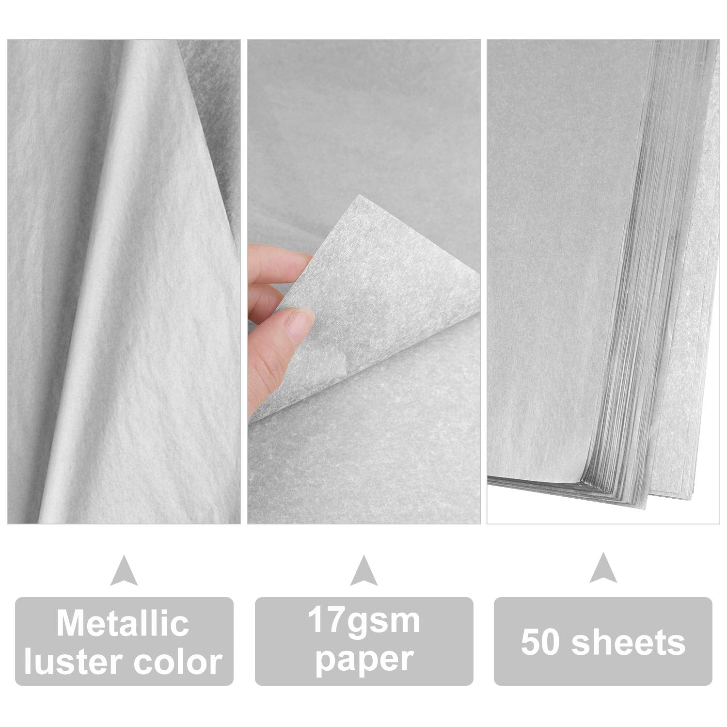 50 Sheets Silver Tissue Paper Bulk 20X14 Inch Metallic Gift Wrap Paper Gift Wrapping Accessory Wrap For Wedding Birthday Party Favor Decor Diy Fringes Shredded Fill Confetti (Silver)