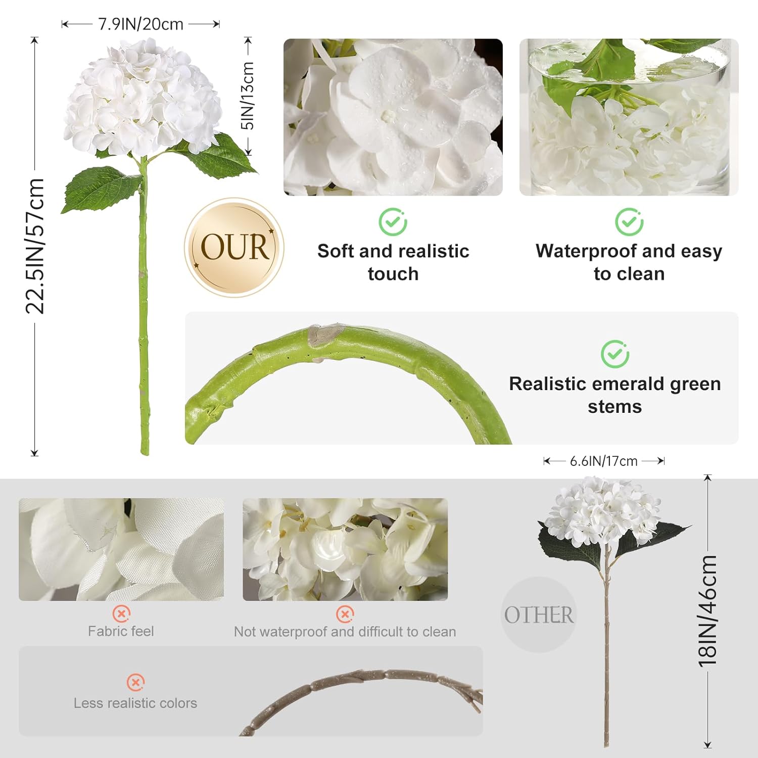 3 Pcs Real Touch Hydrangea Artificial Flowers 22.5" Lifelike Latex White Hydrangeas Fake Hydrangeas For Home Decor Party Wedding Bouquets Table Centerpieces Floral Arrangements Indoor Outdoor Decor