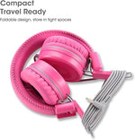 Kids K22 Wired Headphones, Foldable, 5ft Cord, 3.5mm Jack, Pink