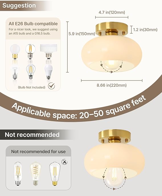 8.66 Inch Gold Milk Glass Ceiling Light Mid Century Modern Semi Flush Mount Fixture