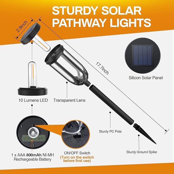 8 Pack Solar Pathway Lights IP65 Waterproof Warm White Auto On Off Garden Lights