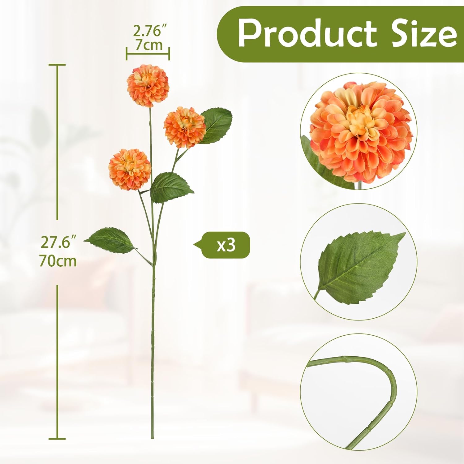 27.6" Orange Artificial Dahlia Flowers 3Pcs Fake Roses Bouquet Ball Dahlia Flower Arrangement Faux Pincushion Flower With 3 Heads Long Stem For Centerpiece Home Decor