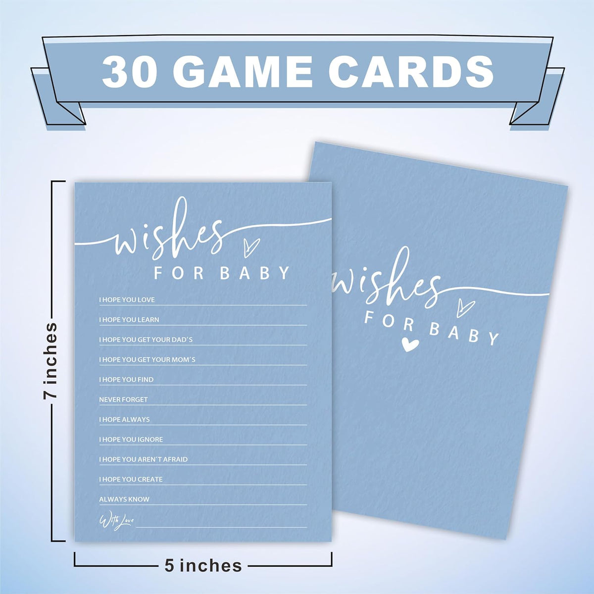 Wishes For Babyshower Game Set - Minimalism Blue - 30 Double-Sided Fill In Style Game Cards, Gender Reveal, Party Favor & Supplies - A06