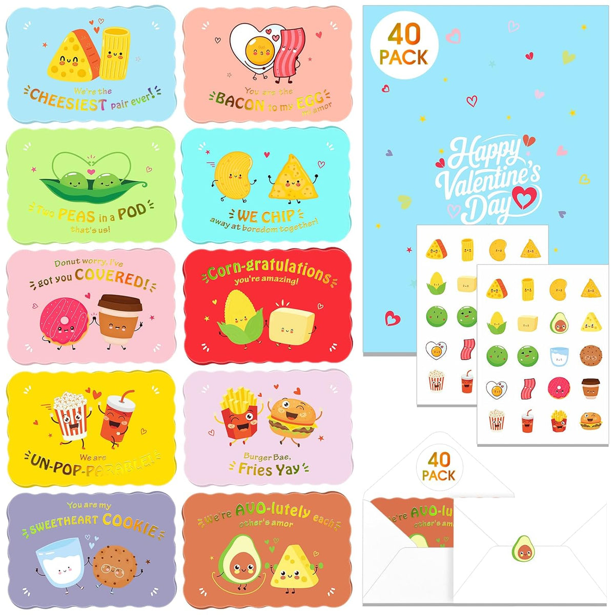 Valentines Day Cards For Kids School, 40 Pack Valentines Cards For Kids Classroom, 10 Assorted Designs With Envelopes And Stickers, 4.7 X 3.2 Inchs (Valentines)