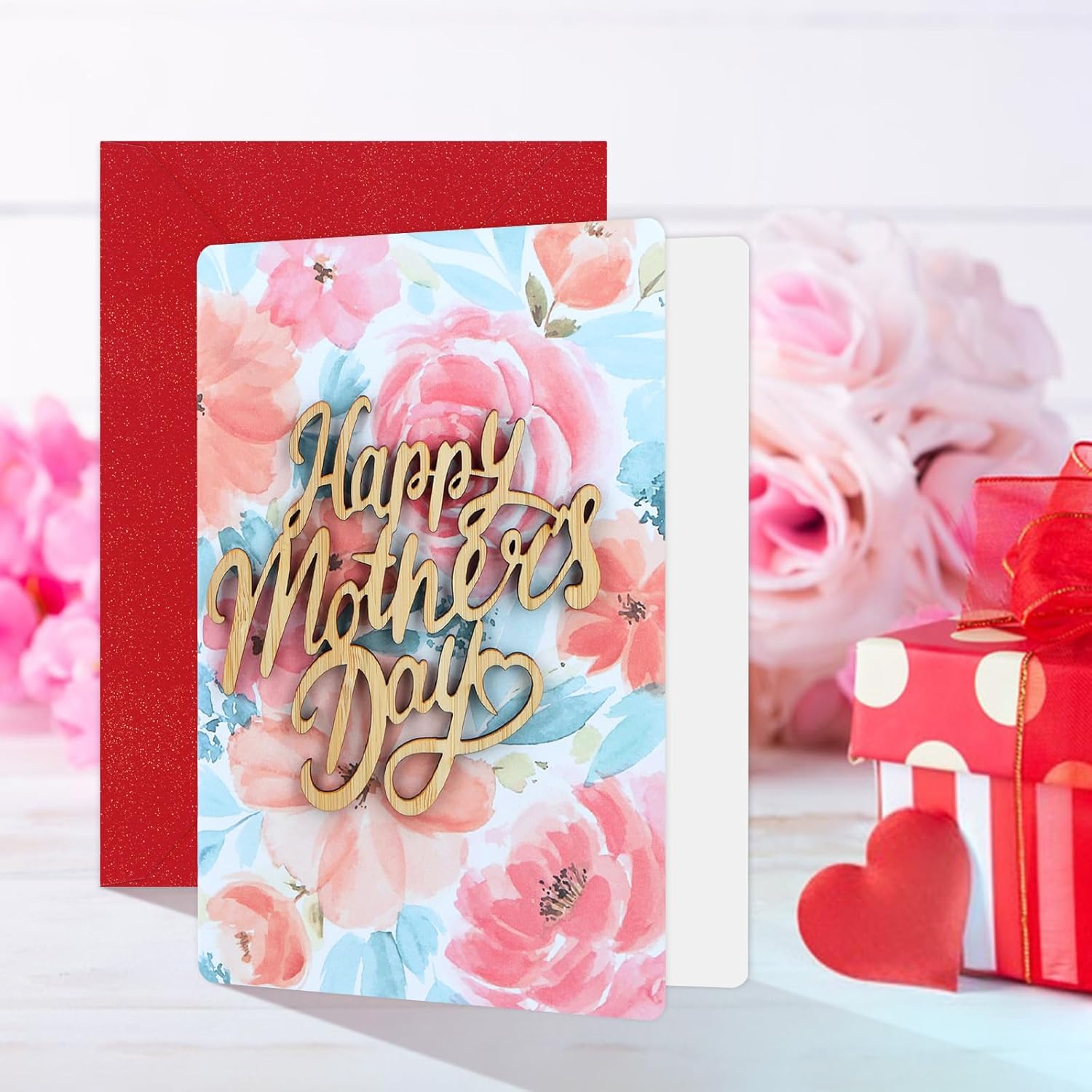 Happy Mothers Day Card - Flower Card With Envelope Wooden Text Design Thoughtful Mother'S Day Gifts For Mom Mamma Mom To Be Grandma Wife Sister