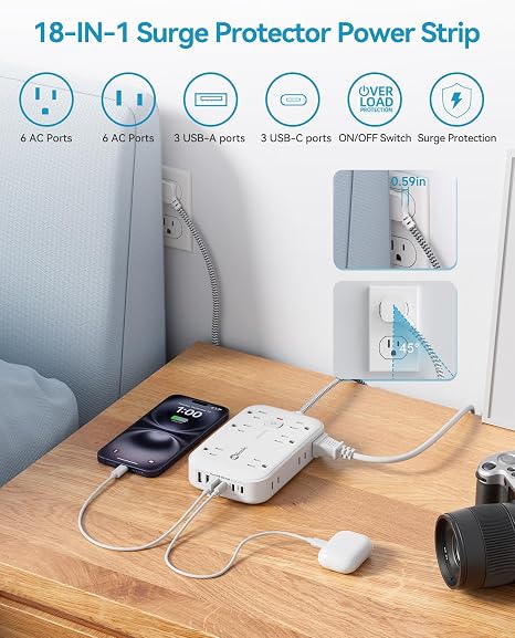 Surge Protector Power Strip 12 Outlets 6 USB Ports 3 USB C 5FT Flat Extension Cord 2100J White