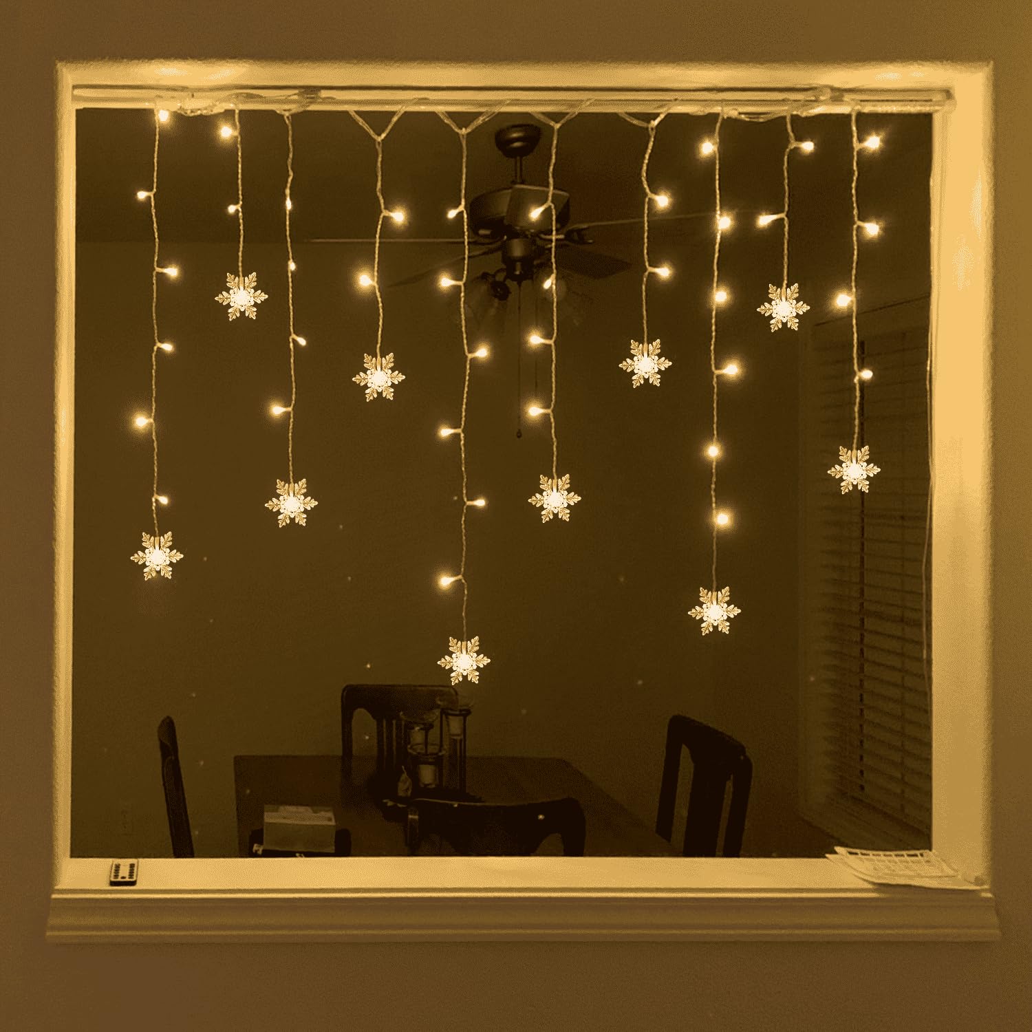 Snowflake Window Curtain Lights, 13Ft 96 Led Snowflake Christmas Icicle Lights With Remote,18 Drops,8 Modes Twinkle Fair