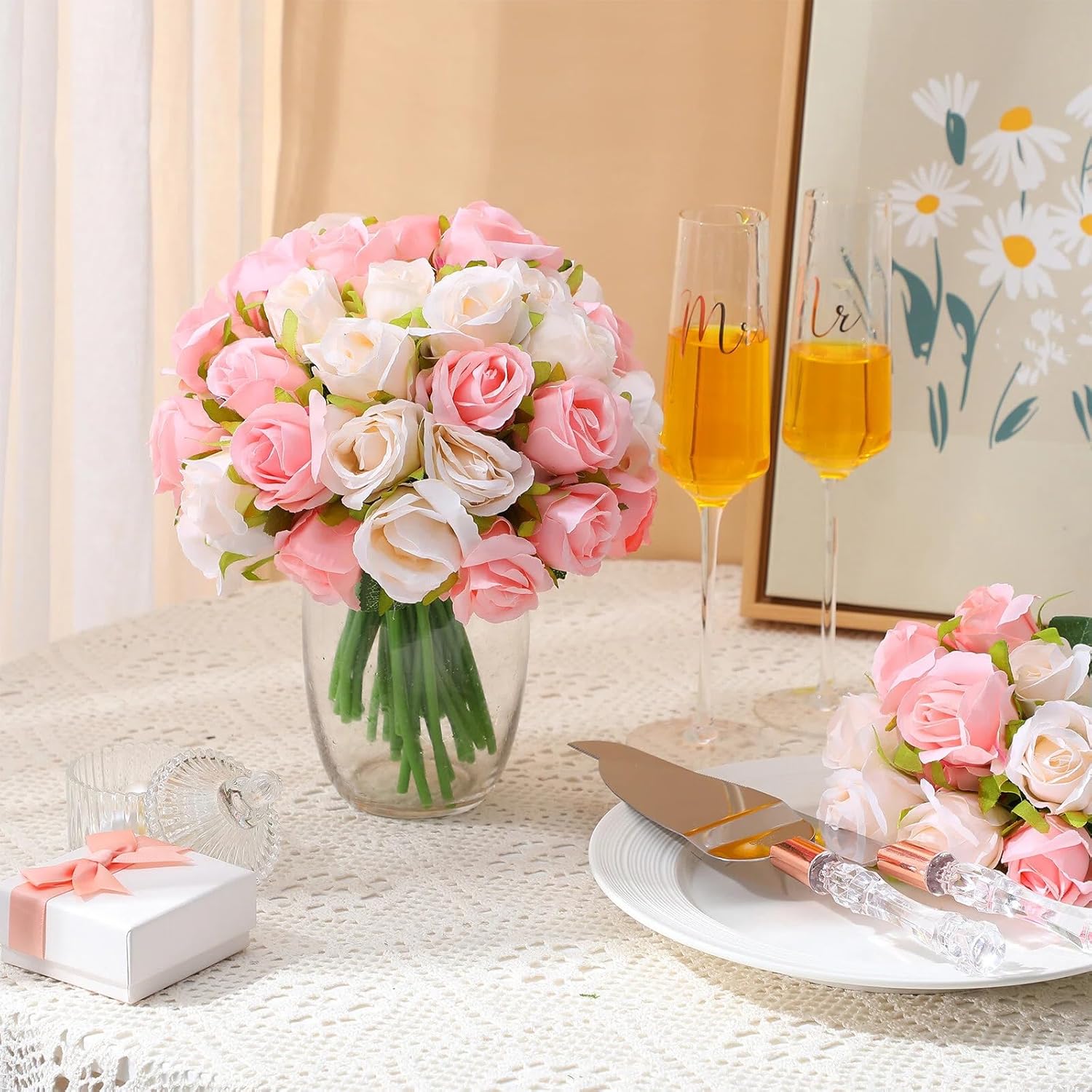 96 Heads 8 Bouquets Artificial Rose Flowers Bouquet Flower Roses With Stems Fake Roses Wedding Floral Arrangements Centerpiece For Home Table Bridal Party Decor, Champagne And Pink