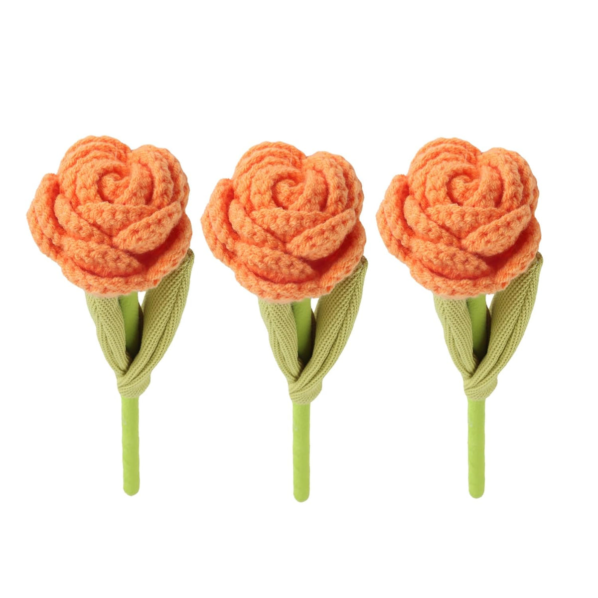 3Pcs Orange Handmade Crochet Artificial Flowers, 9" Knitted Fake Flower For Home Kitchen Wedding Table Decor