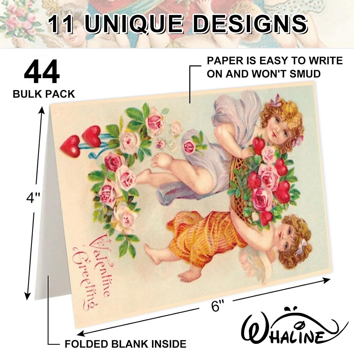 44 Packs Vintage Valentine'S Day Greeting Cards Retro Cupid Rose Heart Blank Note Cards With Envelopes And Stickers For Wedding Anniversary Birthday, 11 Designs, 4 X 6 Inch