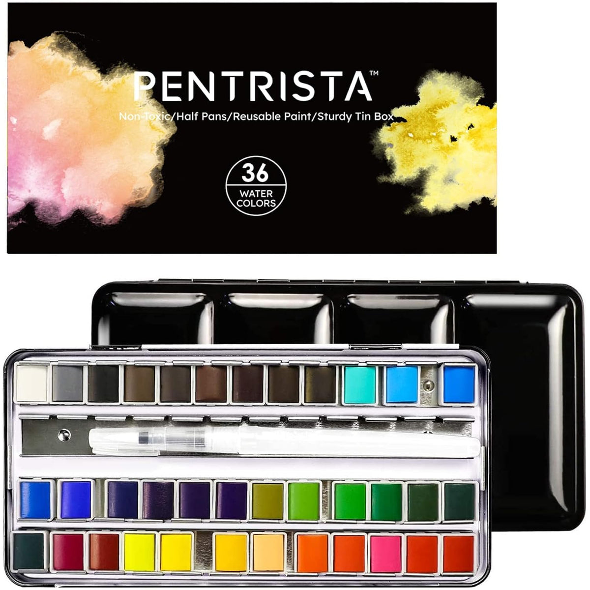 36 Colors Solid Watercolor Paint Set With Refillable Water Brush, Artist-Grade Half Pans In Tin Box - Professional Watercolor Kit For Artists, Adults, Beginners And Painting Lovers