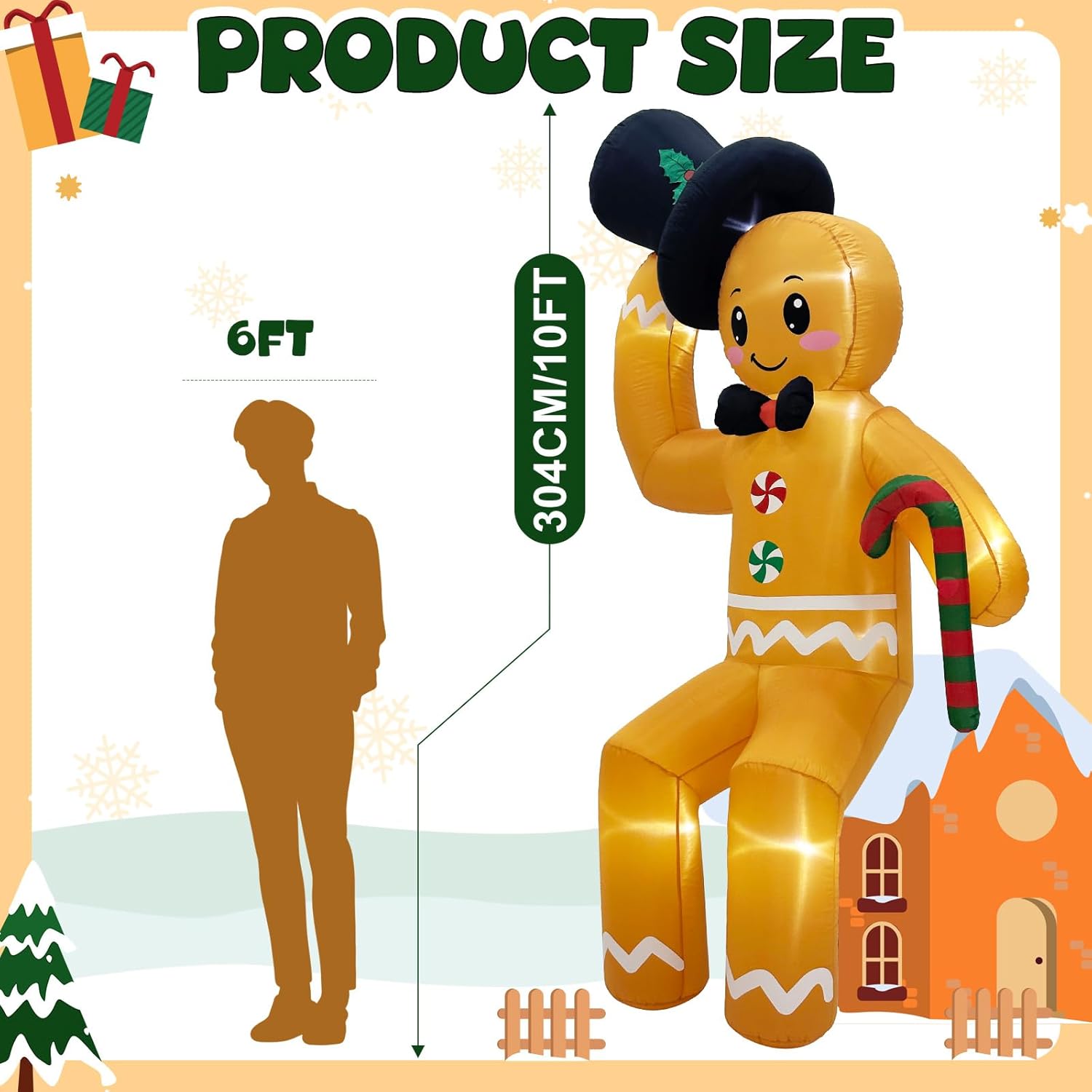 10 Ft Christmas Inflatable Outdoor Decoration, Sitting Gingerbread Inflatable Christmas Blow Up Yard Decorations With Le