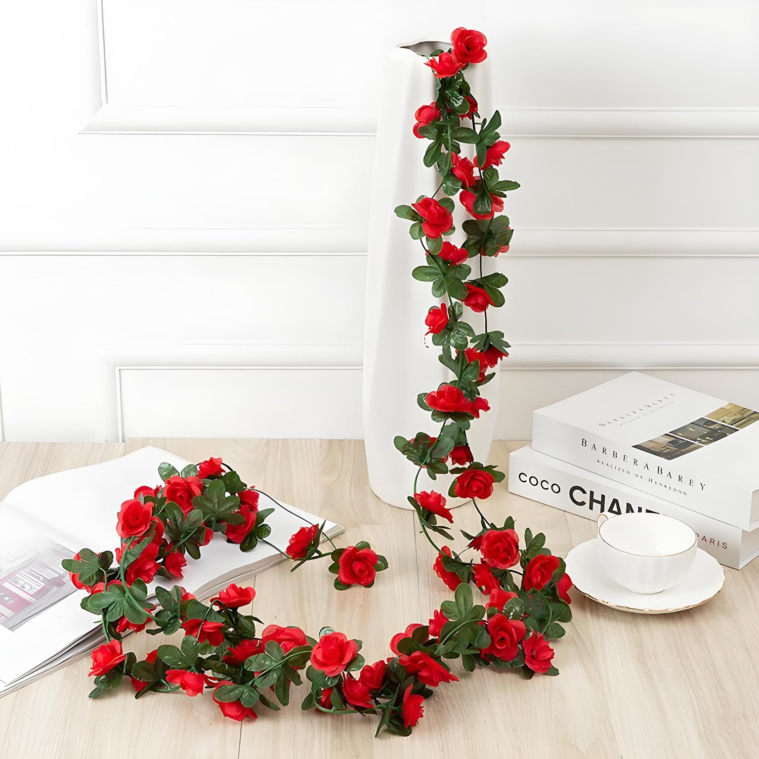 3 Pcs 8Ft Flower Garland Artificial Flowers For Outdoors Fake Rose Vine Ivy Silk Flowers For Decoration/Anniversary/Wedding Birthday/Christmas/Home Decor/Garden Decor (Red)