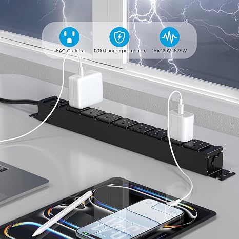 Metal 360° Rotating Power Strip 8 Outlets 1200J Surge Protector 6FT Black