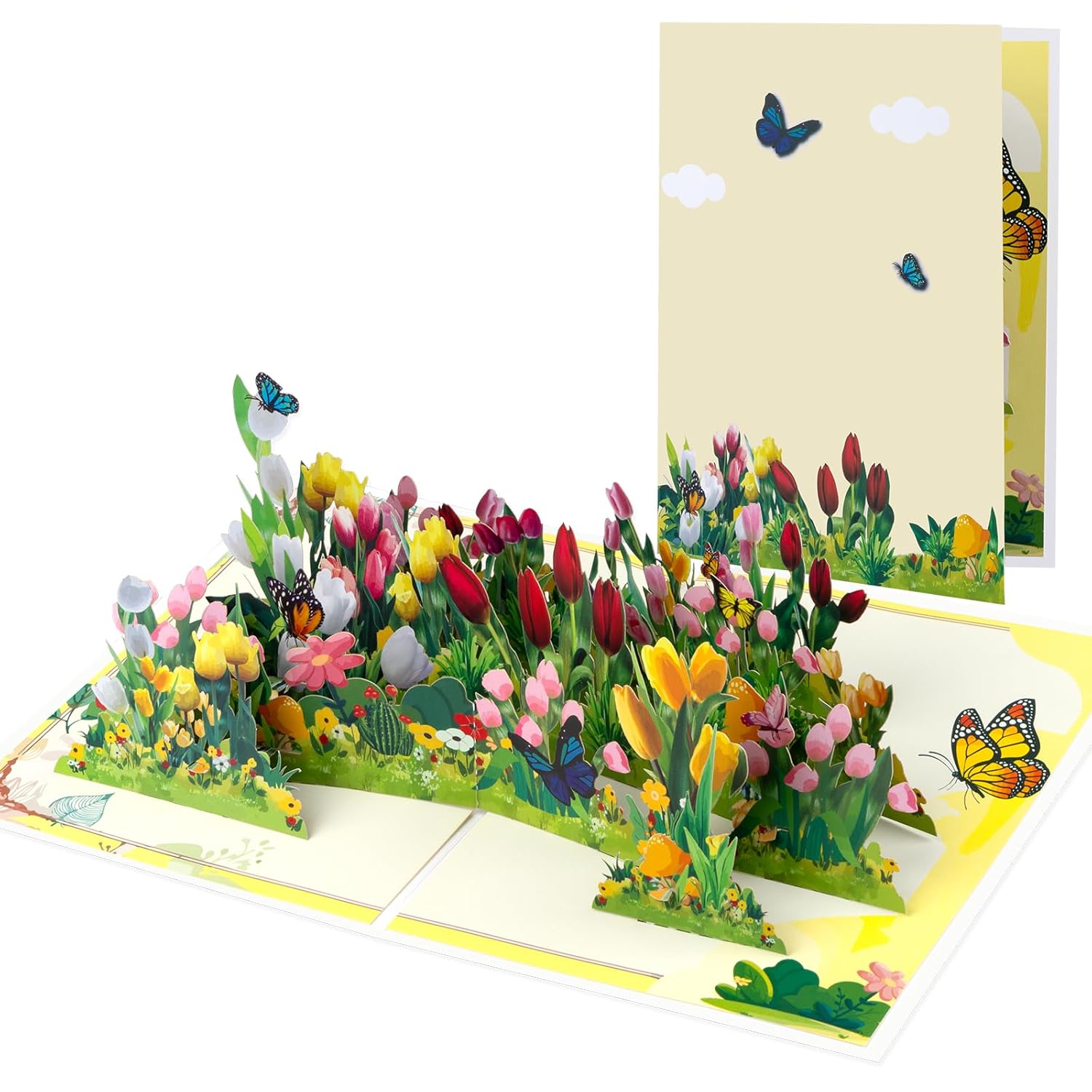 Row Of Tulips Pop Up Paper Flower Bouquet Greeting Cards With Blank Note & Envelope, Ideal Gift For Celebrating Love, Holiday, Birthday, Anniversary, Special Moments, New Home