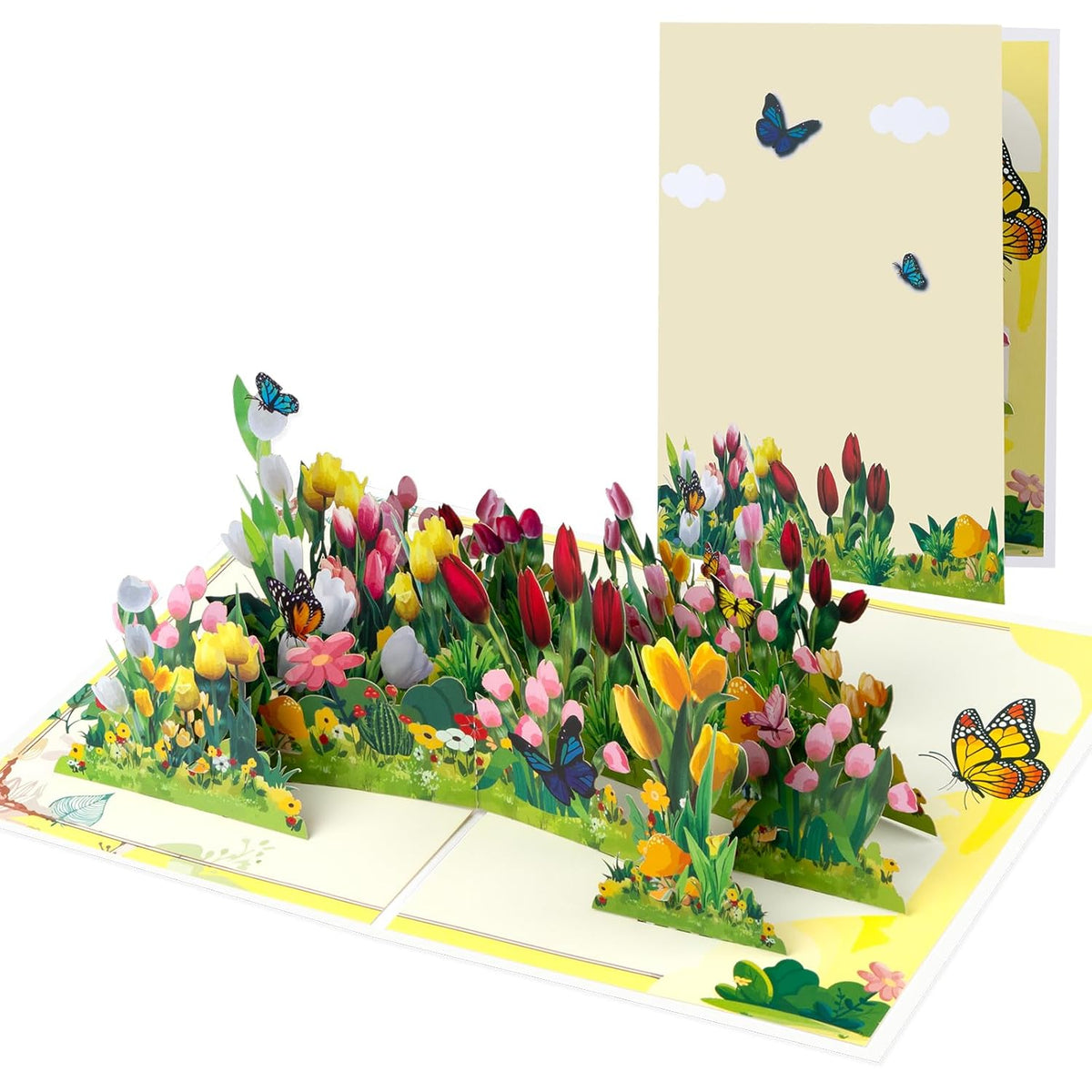 Row Of Tulips Pop Up Paper Flower Bouquet Greeting Cards With Blank Note & Envelope, Ideal Gift For Celebrating Love, Holiday, Birthday, Anniversary, Special Moments, New Home