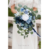 11 Inch Dusty Blue Wedding Bouquets For Bride White Navy Blue Artificial Roses Flower Cascading Bridal Bouquet For Rustic Boho Fall Vintage Wedding Ceremony Party And Anniversary