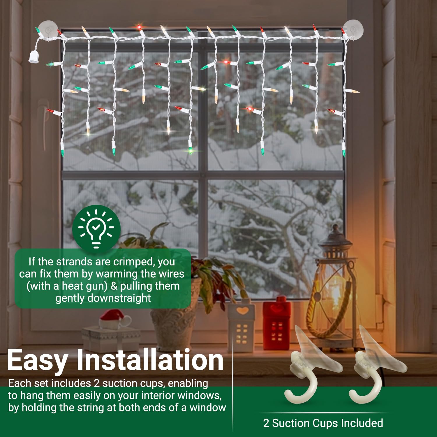 Shimmering Twinkle Window Icicle Lights - 3 Feet (0.91 M), 8 Of 50 Lights Twinkle - 50 Red-Green-Clear Incandescent Bulb