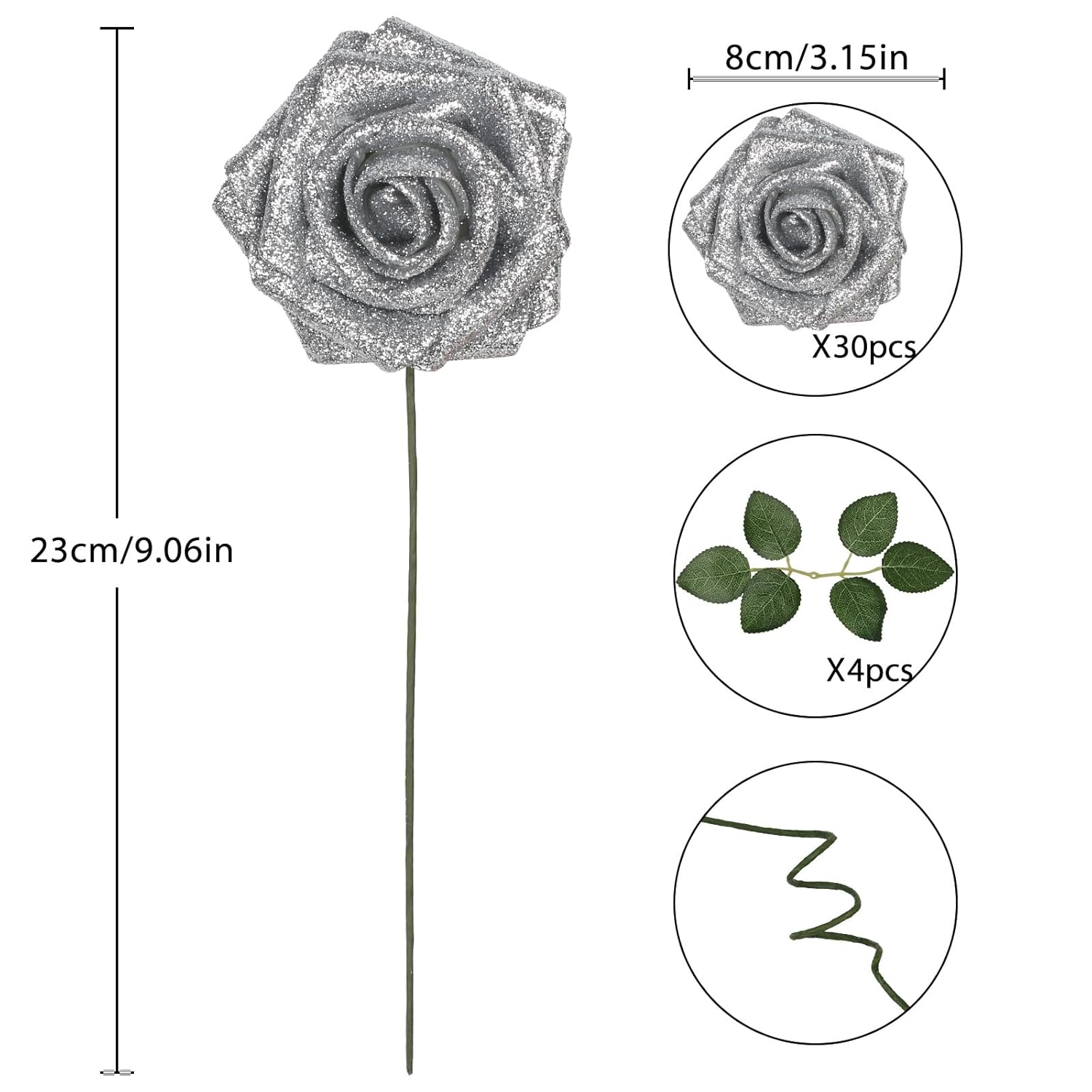 Artificial Roses 30Pcs Silver Flowers 3.15" Glitter Roses Artificial Flowers With Stems For Diy Wreath Wedding Christmas Home Party Decor(Silver)