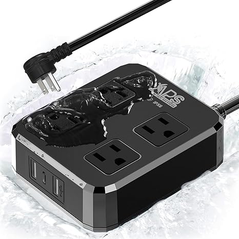 Outdoor Waterproof Power Strip 4 Outlets 3 USB Ports 6FT Weatherproof Extension Cord Black