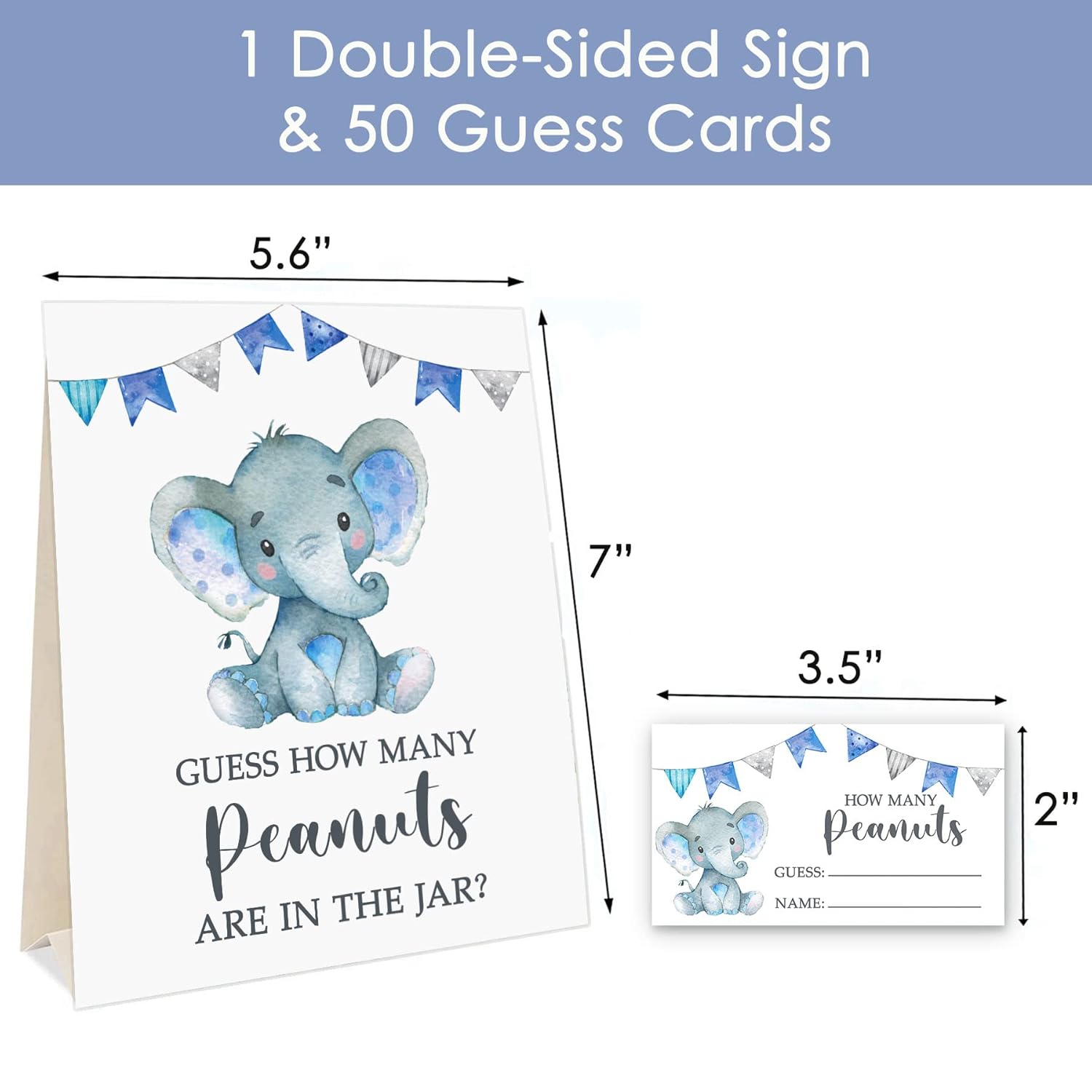 Blue Elephant Guess How Many Peanuts, Elephant Baby Shower Game, 50 Cards And Matching Standing Sign, Boy Elephant Baby Shower Decorations