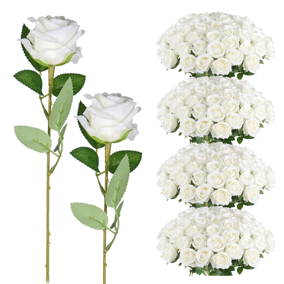 200 Pack Artificial Silk Roses Flowers - Milky White Fake Flowers For Wedding Decor, 3.7In(7Cm) Silk-Like Velvet Flower Heads With 50Cm Long Stems, Home Centerpieces, Bridal Shower (200, Milky White)