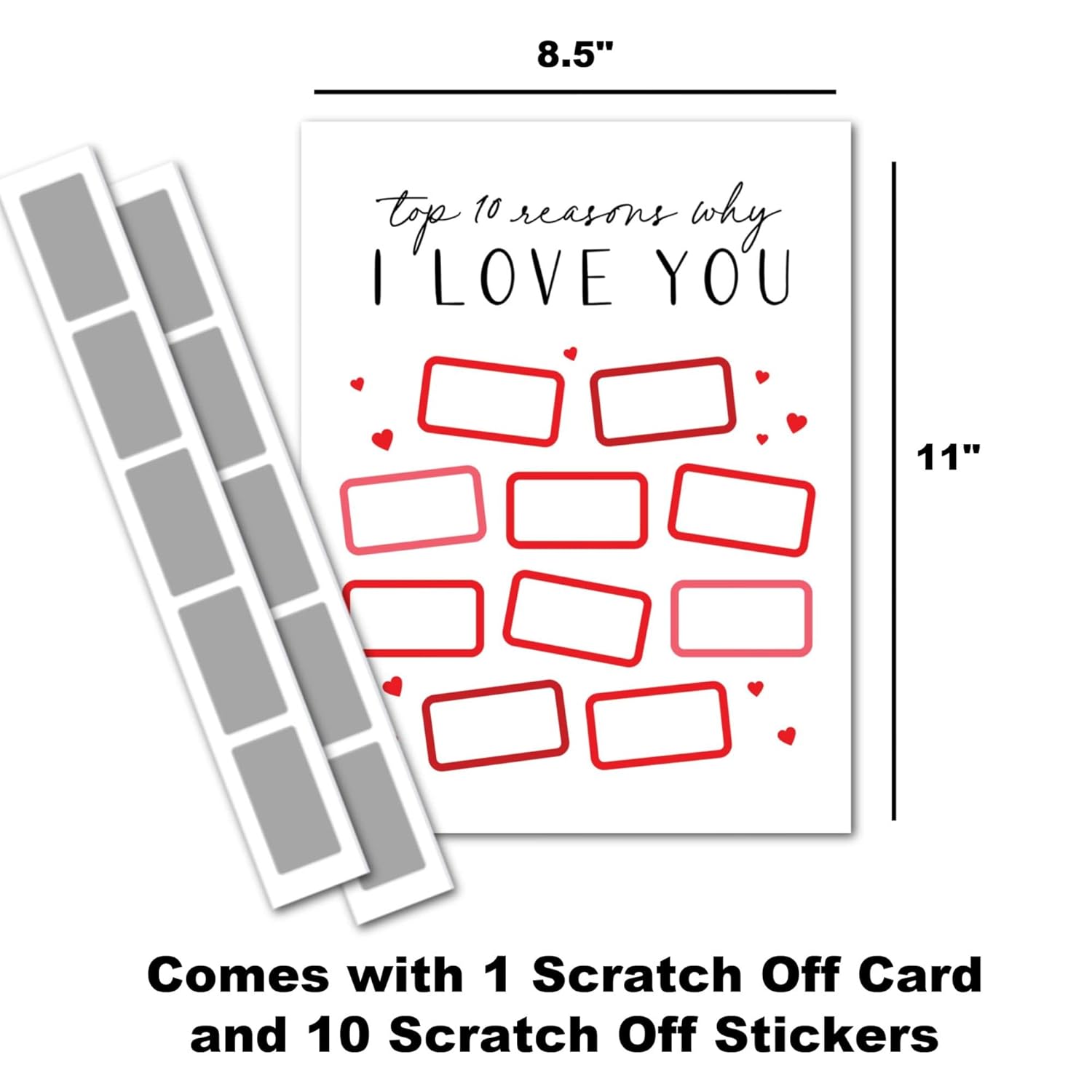 Scratch Away I Love You Card - Top 10 Reasons Why I Love You - Valentines Day, Anniversary, Birthday, Wedding - 8.5"X11" - Personalized Card - Custom Love Card - Scratch Off Stickers - Gift For Kids, Husband, Wife (Red)