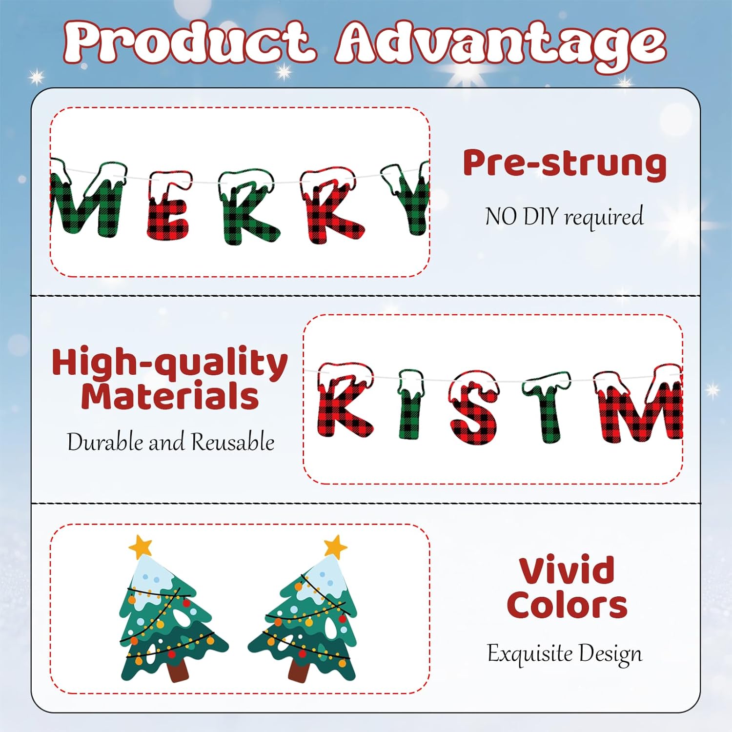 Merry Christmas Banner Indoor, Pre-Strung Mantle Christmas Decor, Buffalo Plaid Xmas Banner With Tree, Merry Xmas Sign For Winter New Year Party Fireplace Hanging Sign Supplies