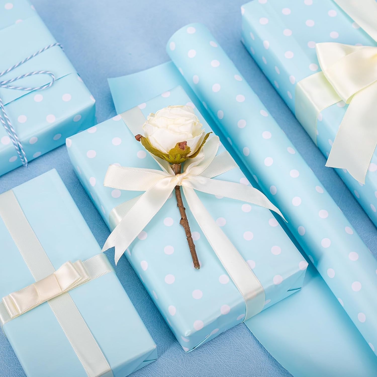 Blue Wrapping Paper,Reversible Gift Wrap Paper With Polka Dot Design For Christmas,Birthday, Wedding,Baby Shower,All Holidays(17 Inch X 32.8 Feet)