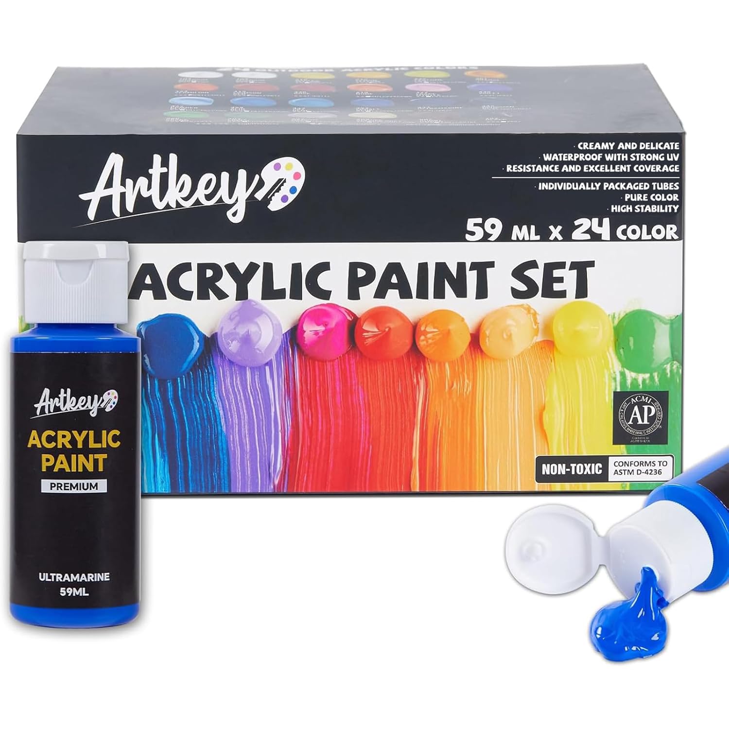 Acrylic Paint Set, 24 Colors 2 Oz/59 Ml Acrylic Paint Kit For Professional Artists & Beginners – Craft & Art Supplies For Canvas, Wood, Fabric, Rock, Leather, Ceramic, Glass, Easter Egg