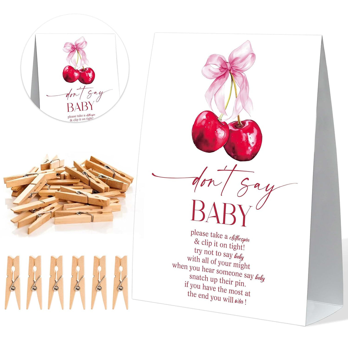 Dont Say Baby Baby Shower Game, Cherry Sign And 50 Clothespins, Baby Shower Game, Gender Reveal Games, Gender Reveal Neutral Decorations, Centerpiece Party Decorations, Gender Neutral Baby Gift,11
