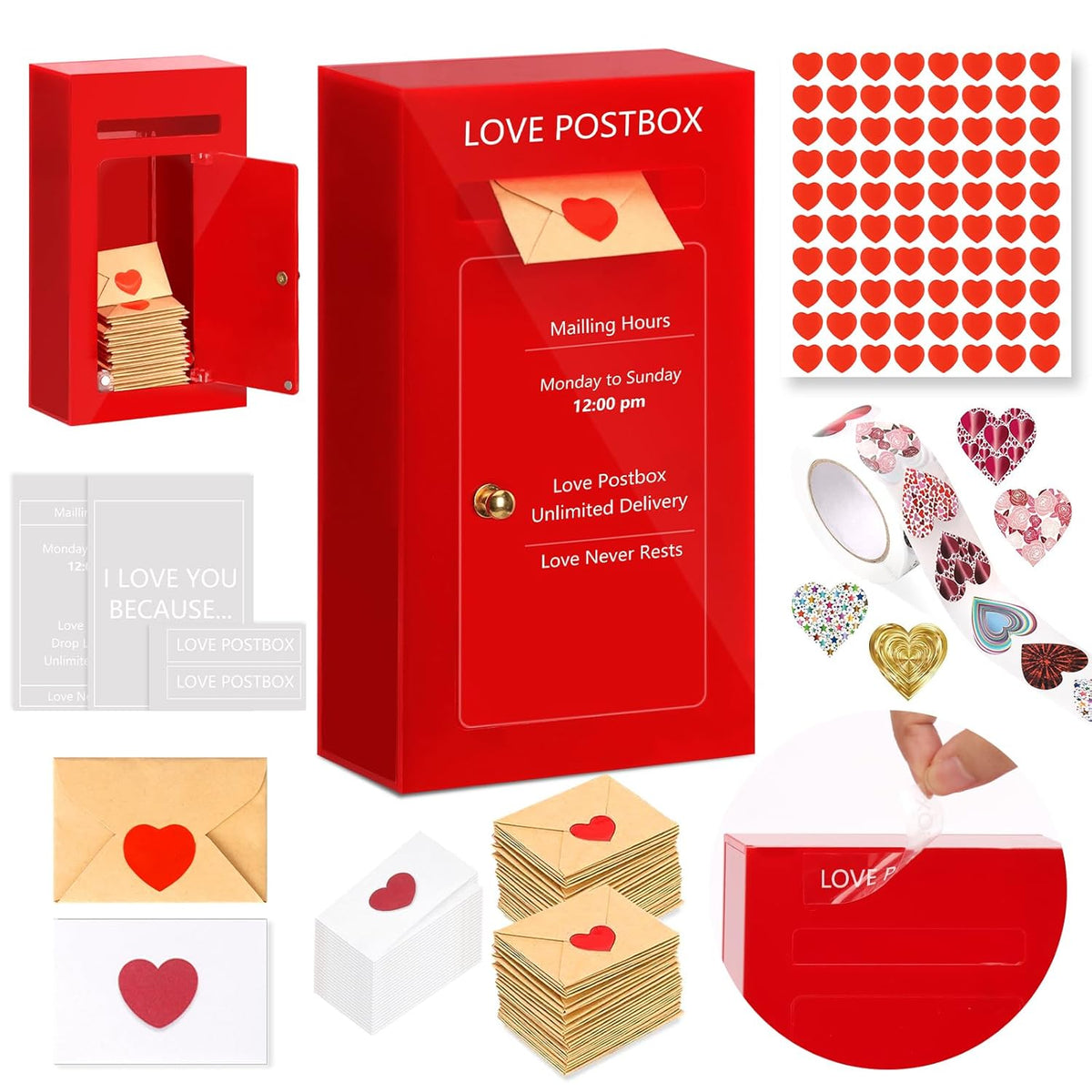 Romantic Love Postbox Acrylic Diy Red Love Notes Box With 50 Blank Love Notes With Envelopes & Cute Glitter Heart Stickers Roll I Love You Gift For Her Long Distance Couple Valentine'S Day Anniversary