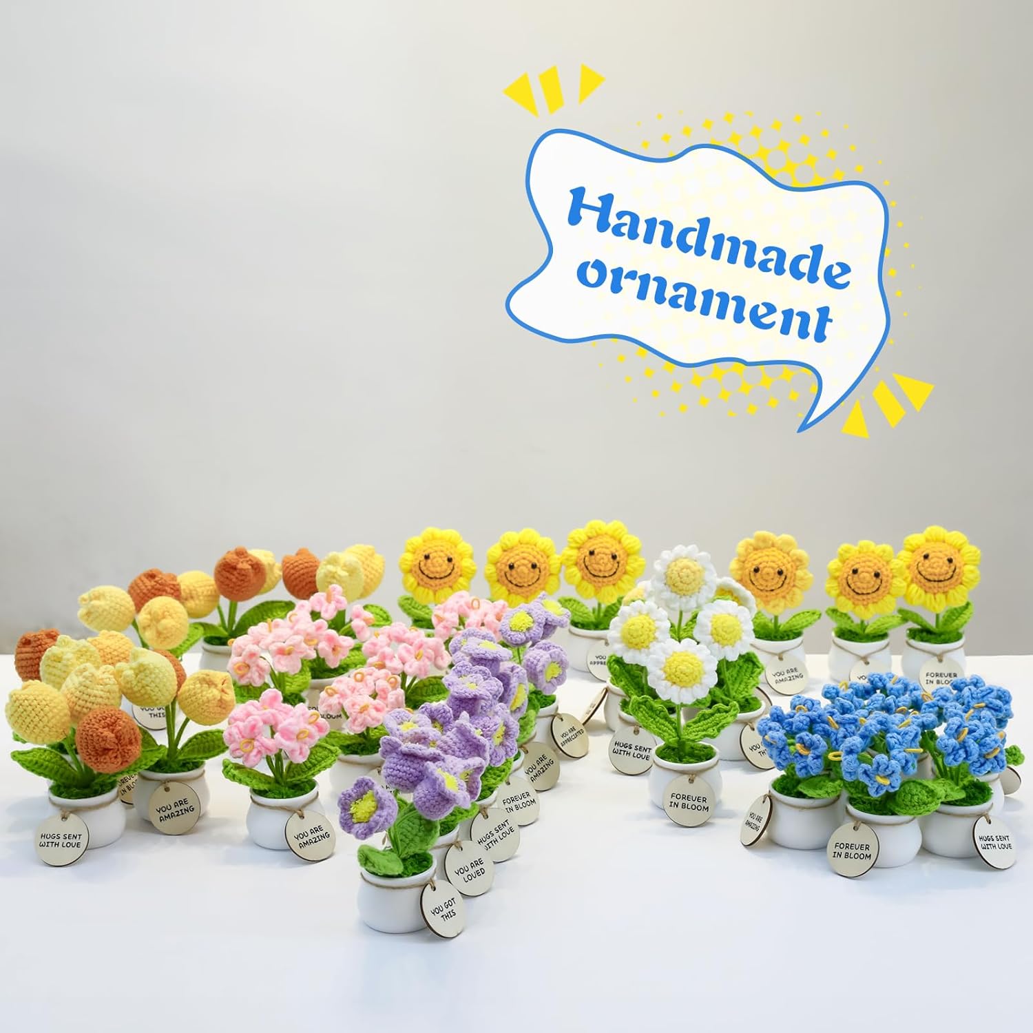 Encouragement Crochet Flowers With Positive Wooden Affirmations Handmade Artifical Flower Decor Ideal For Birthday/Christmas/Thank You Present (Blue Forget Me Not, You Are Appreciated)