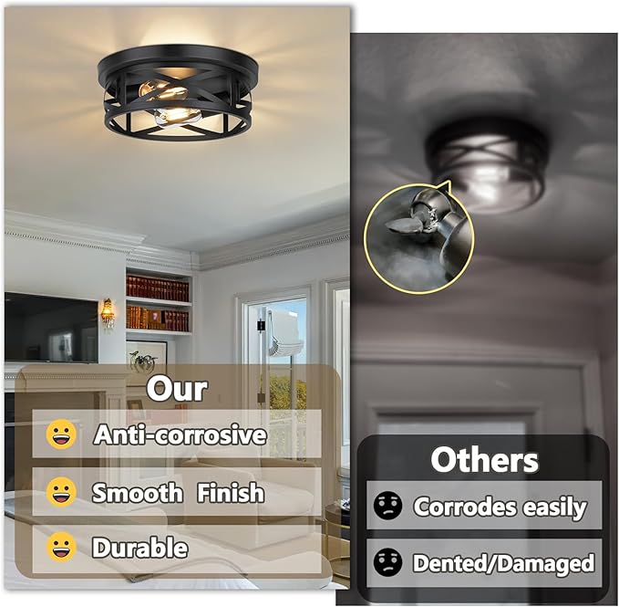 2 Pack Farmhouse Black Ceiling Lights Adjustable Metal Cage Flush Mount Fixtures